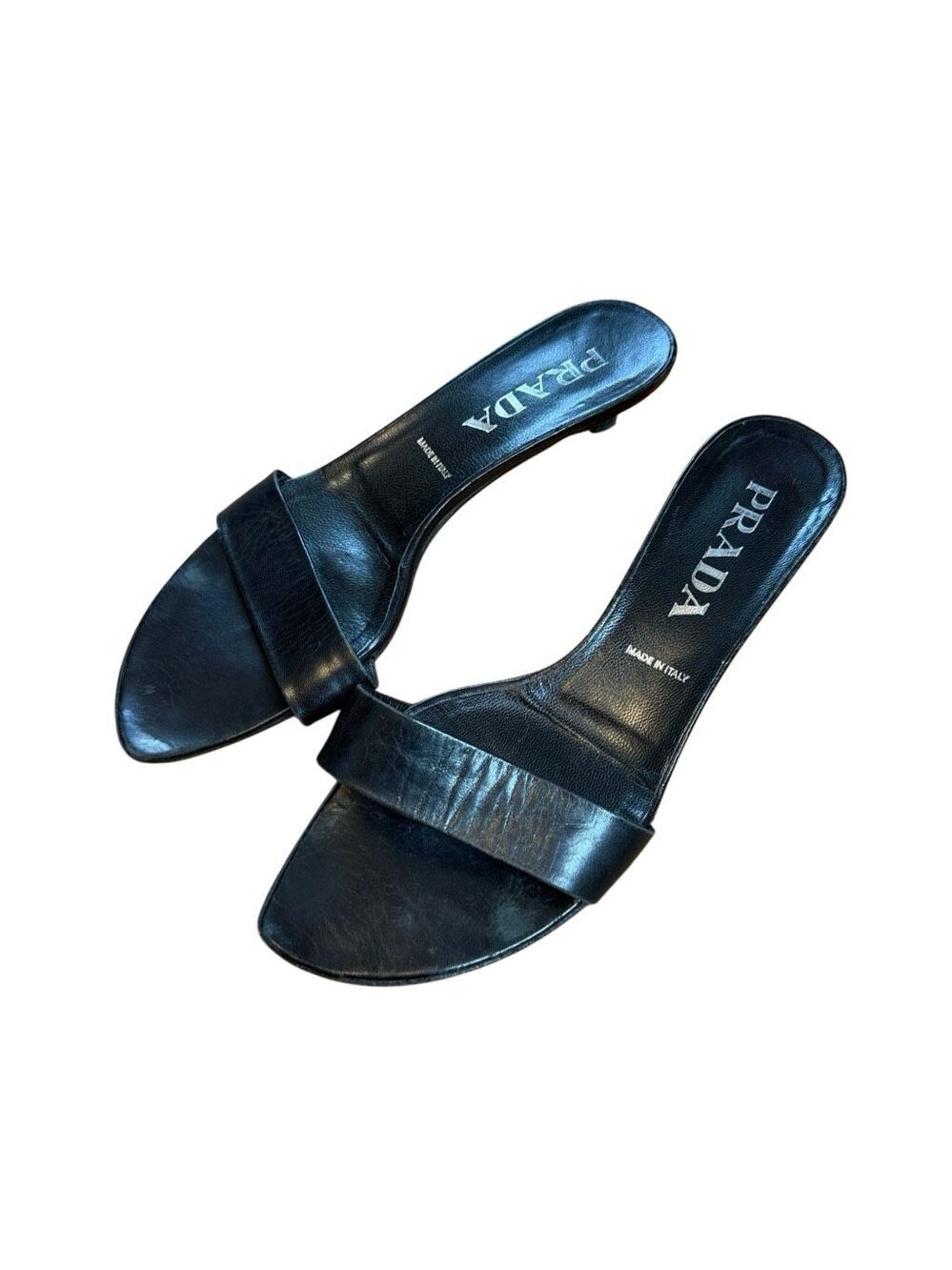 90s Vintage Prada Black Leather Mule Kitten Heel Sandals 38.5